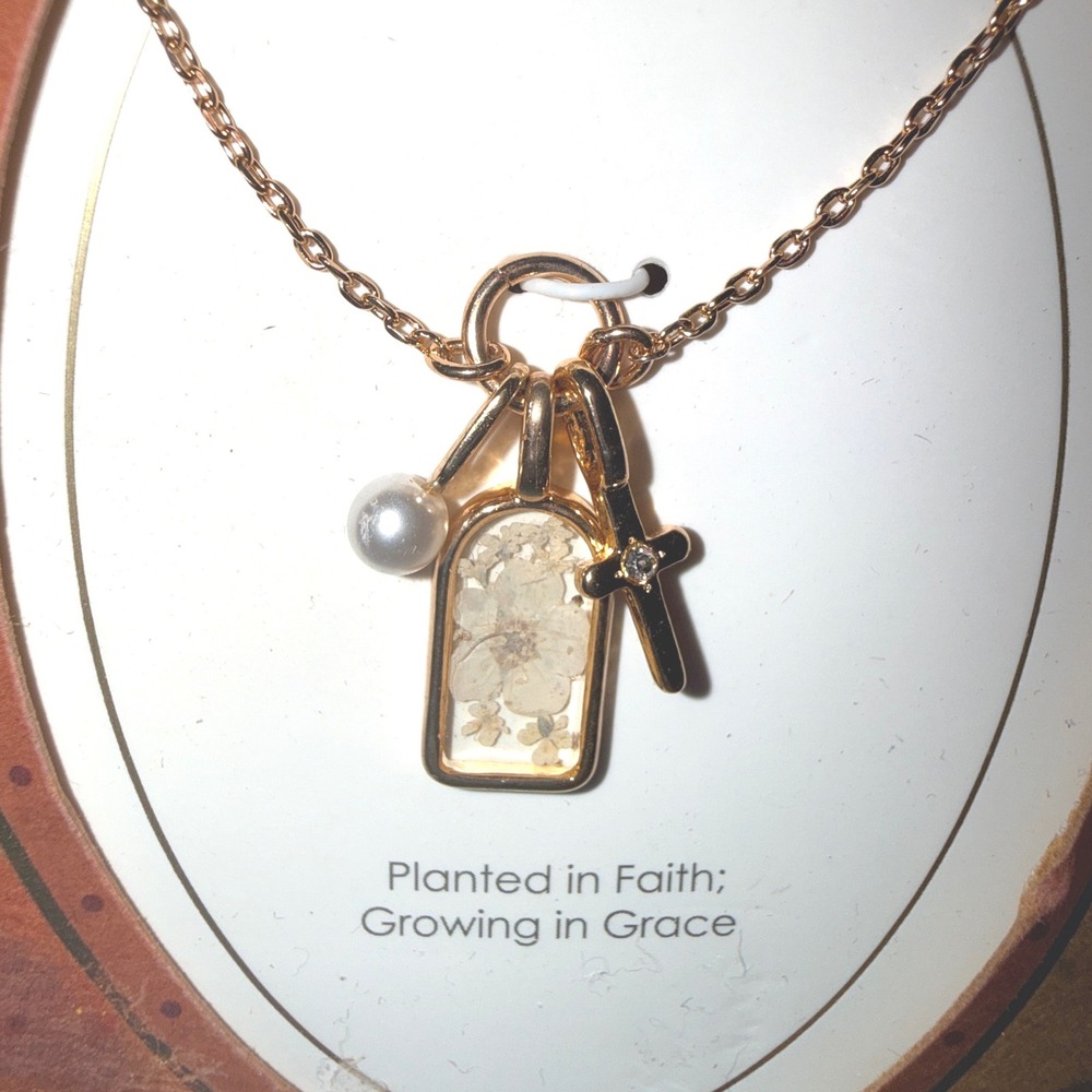 Bellissima Necklace NEW 14k Gold Dipped Pressed Flower Cross Pearl